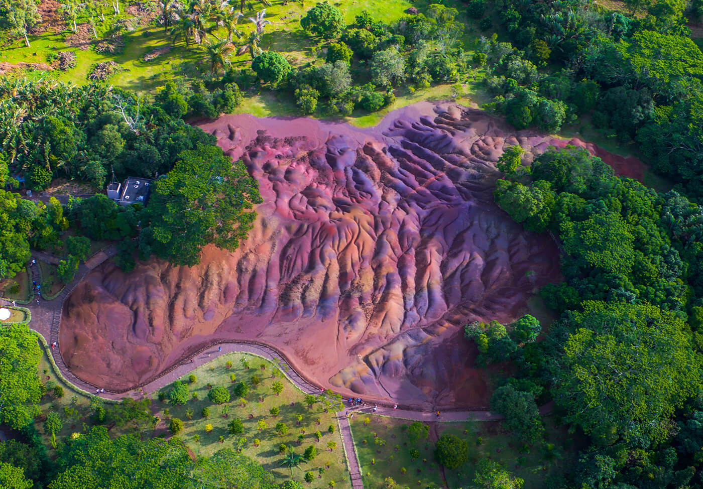 Aerial view of the coloured earths of Chamarel among the forest